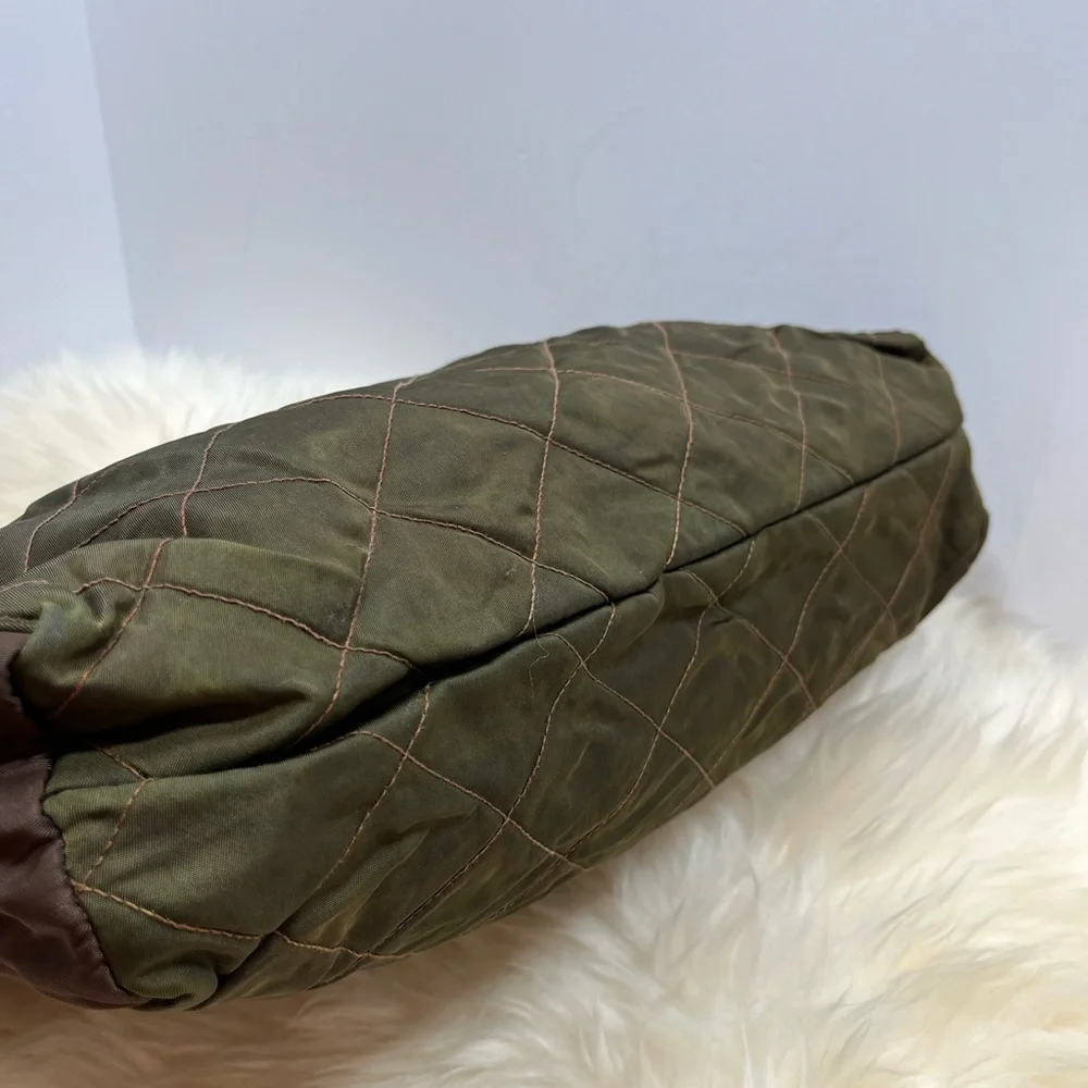 Escada Vintage Lux Quilted Nylon Tote/Shoulder Bag Olive Green and Brown - Picture 13 of 17